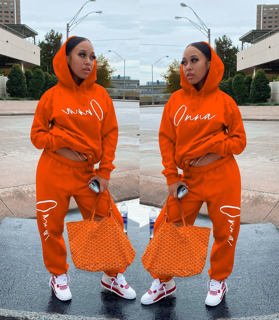 Plus velvet printing drawstring hooded two-piece suit（AY1540）