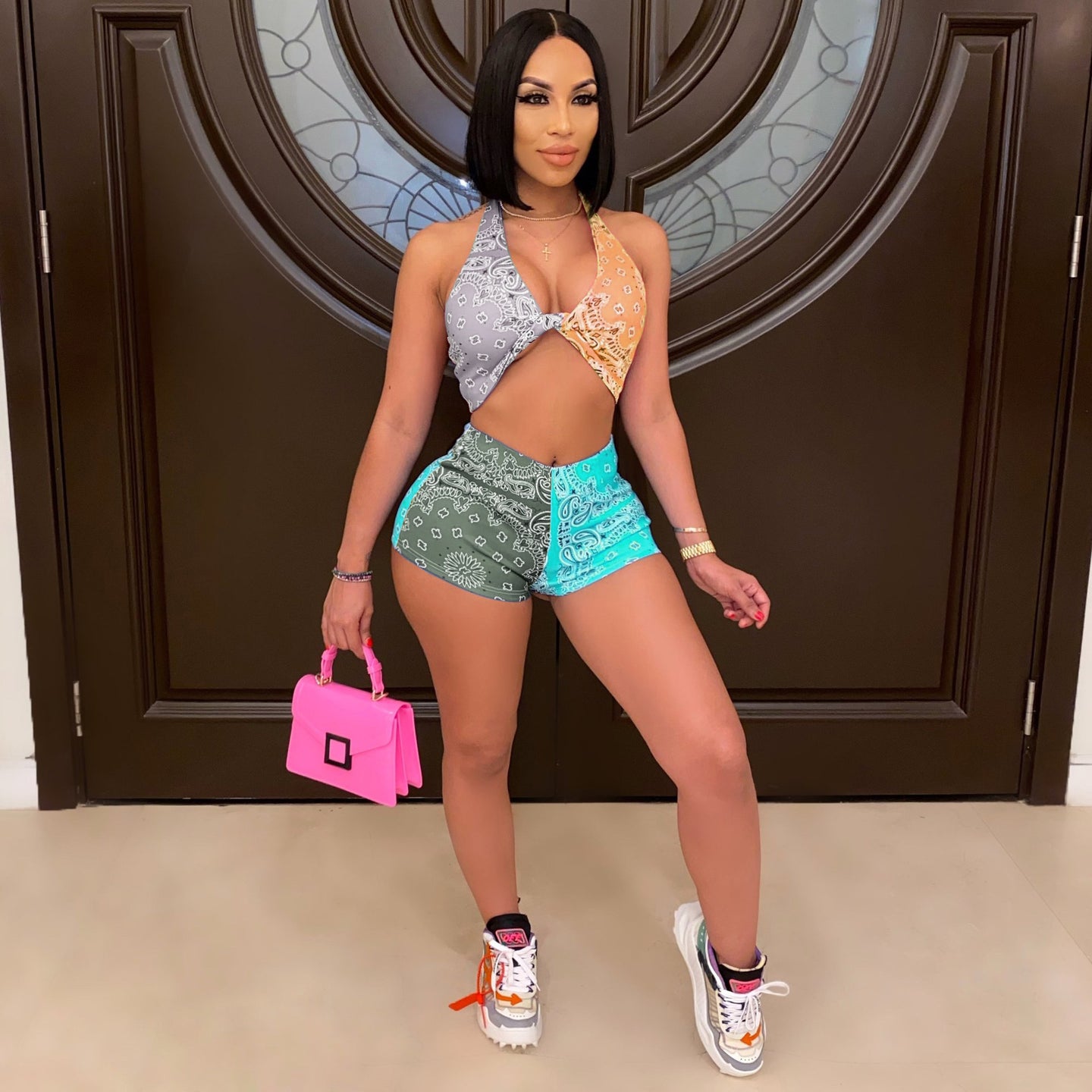 Sexy multicolor printing stitching suit AY1020