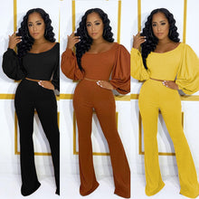 Load image into Gallery viewer, Hot sale solid color lantern sleeve flared pants two-piece suit
