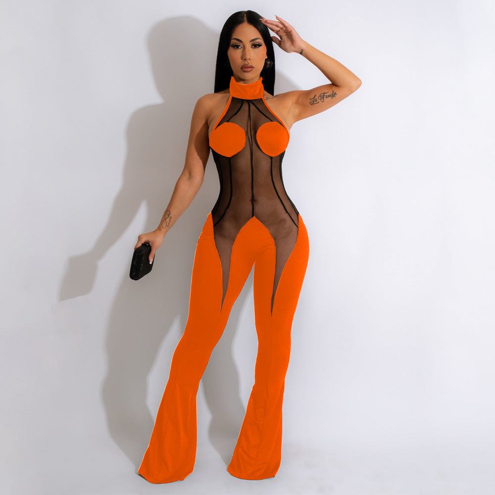 Solid color mesh stitching sexy jumpsuit AY2712
