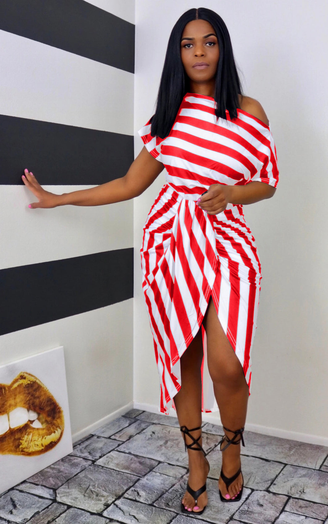One-shoulder striped slim dress AY1057