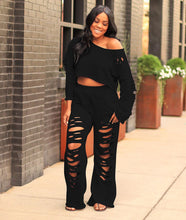 Load image into Gallery viewer, Women&#39;s casual solid color ripped flared pants sweater suit
