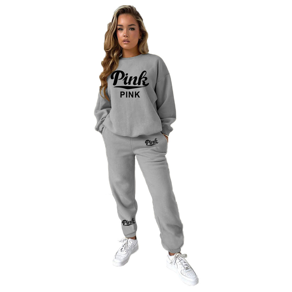 Women's printed large size round neck hoodie two-piece set AY2593