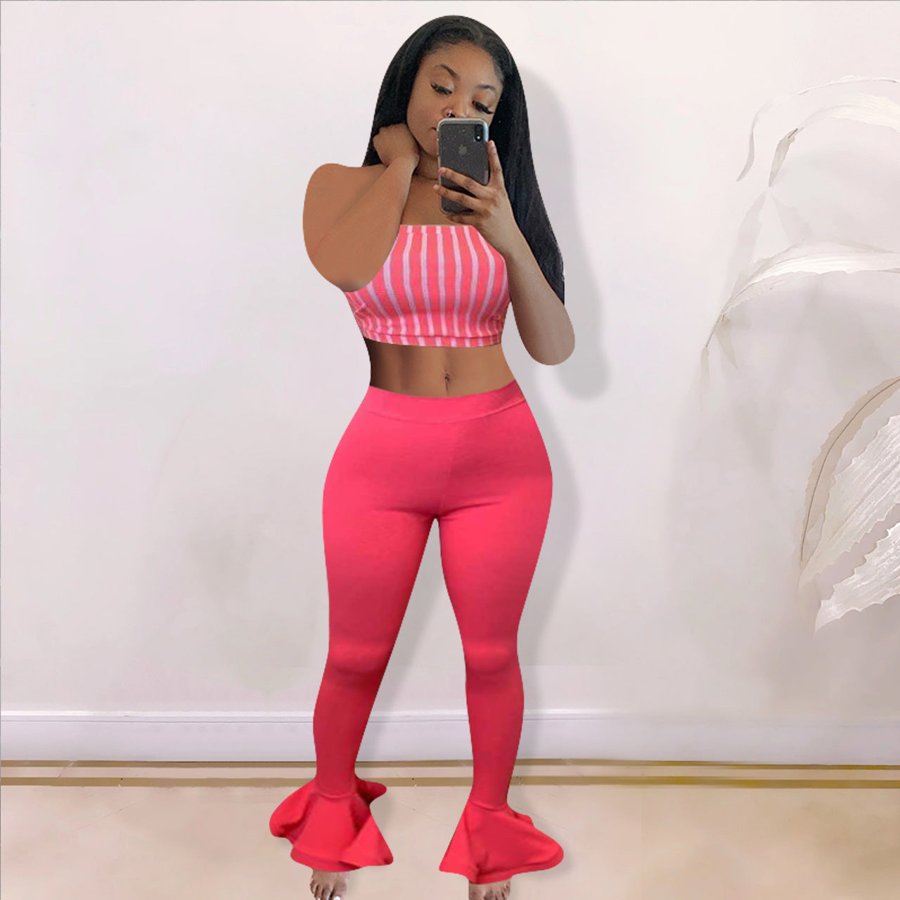 Striped tube top ruffled pants suit AY1110