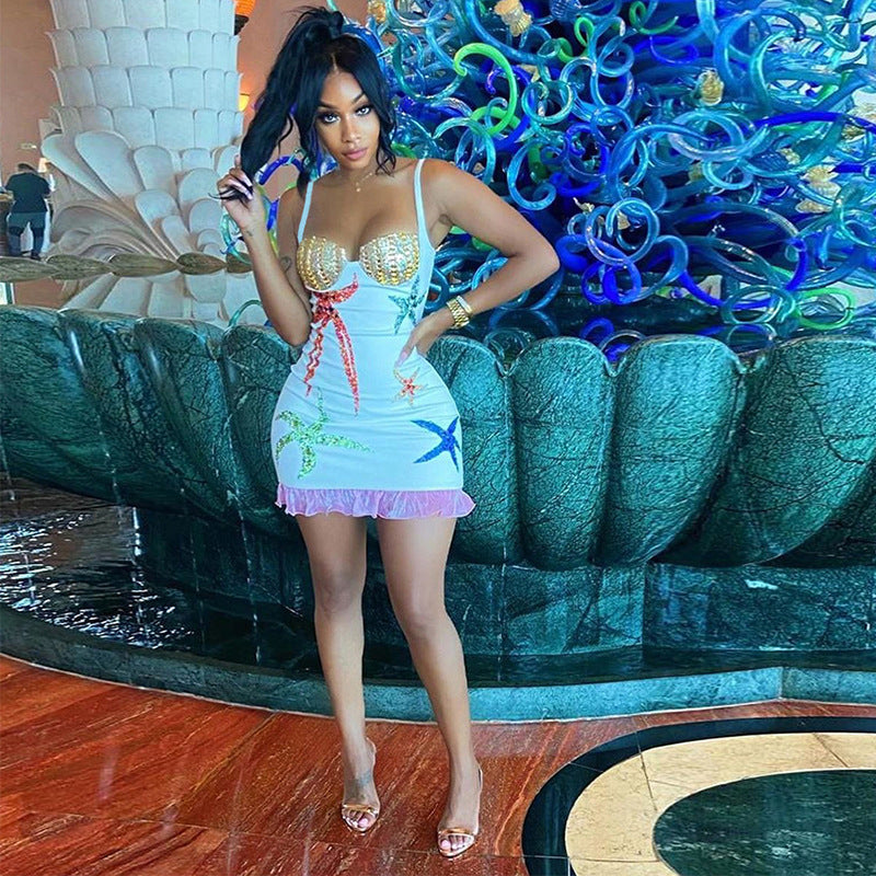 Backless print hot diamond suspender dress（AY2322）