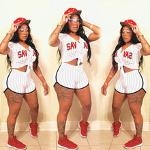 Load image into Gallery viewer, Striped Letter Baseball Jersey Two Piece Set（AY1850）
