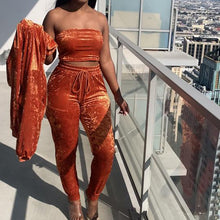 Load image into Gallery viewer, Velvet long-sleeved trousers wrapped chest three-piece suit
