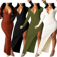 Load image into Gallery viewer, Sexy solid color V-neck split long dress（AY1432）

