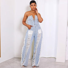 Load image into Gallery viewer, Tassel pierced hole nail drill washed denim jumpsuit AY2761
