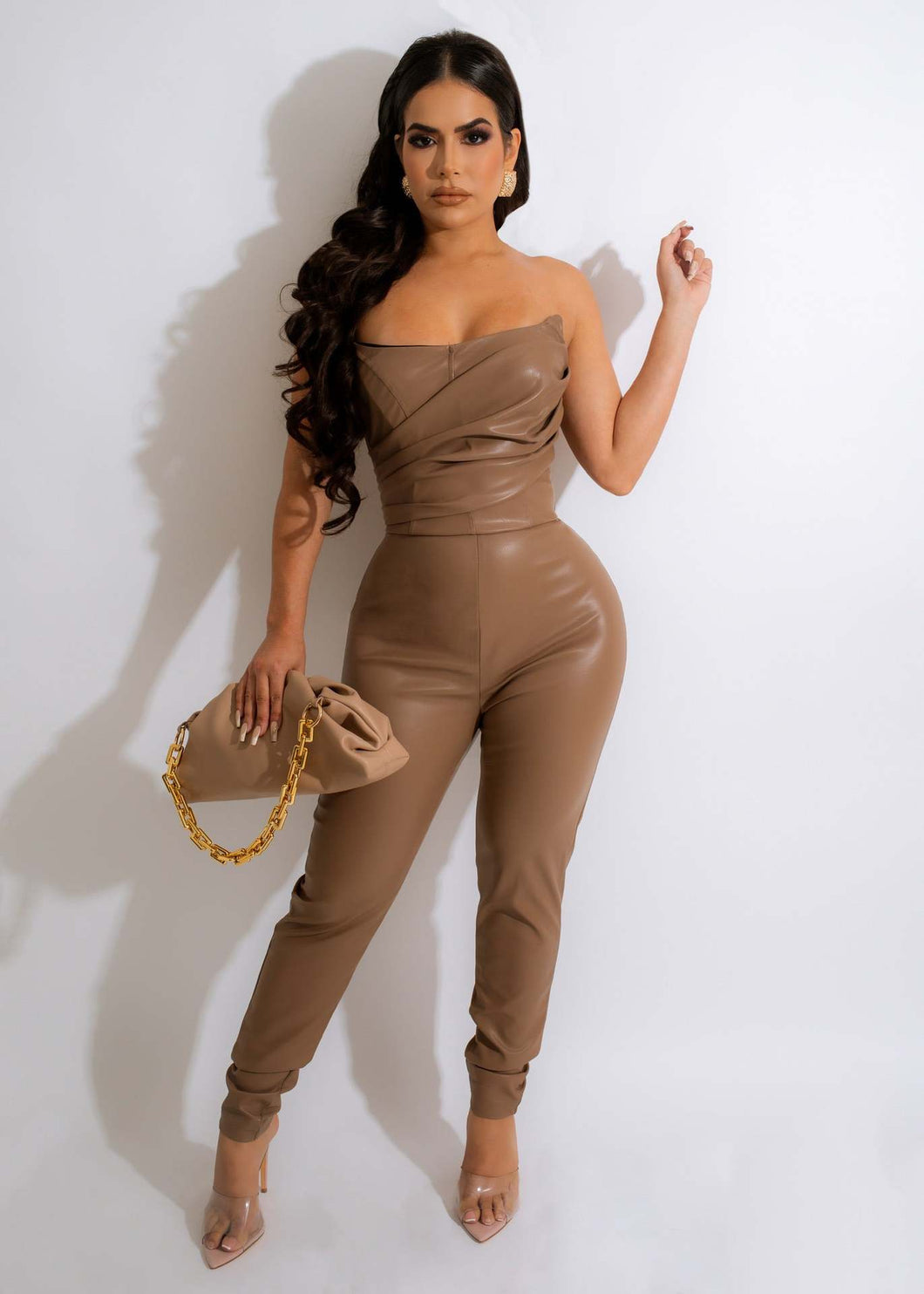 Sexy off-shoulder PU leather jumpsuit AY2637