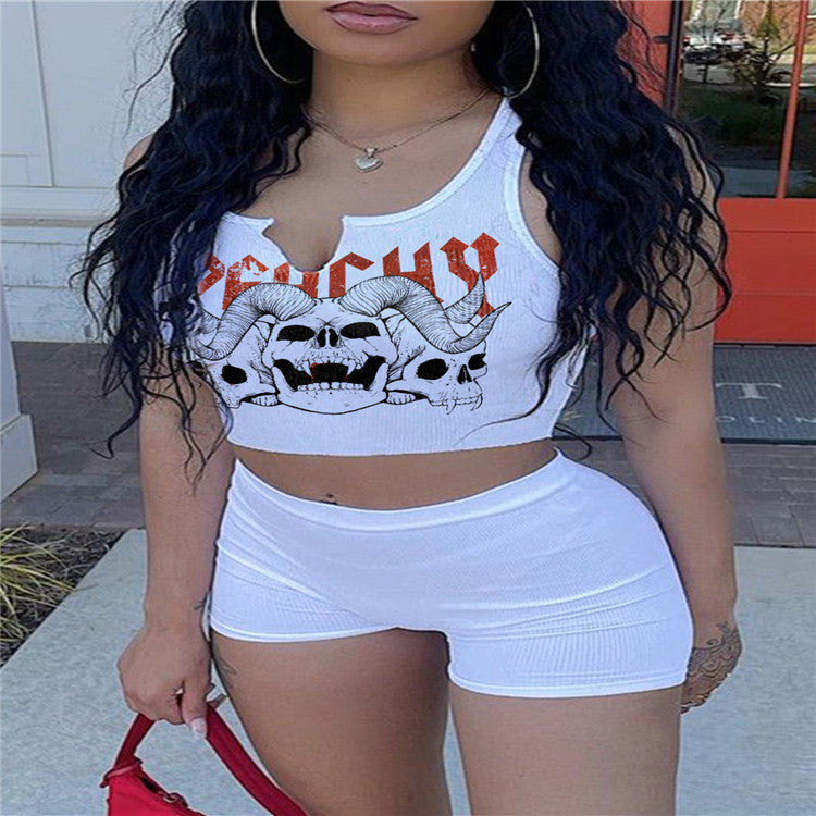 Skull print V-neck tank top two piece set AY1965