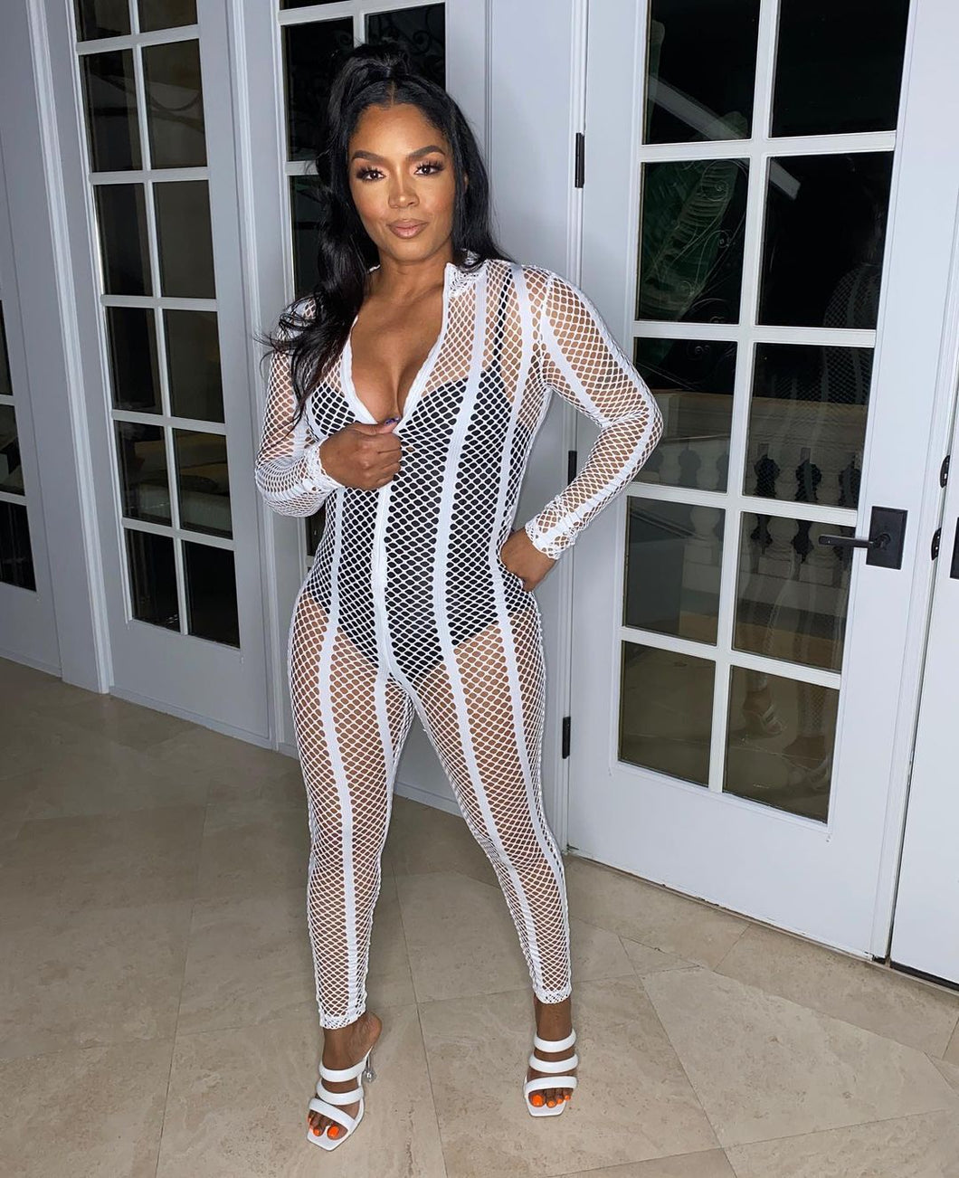 Sexy Mesh Long Sleeve Jumpsuit(AY1590)