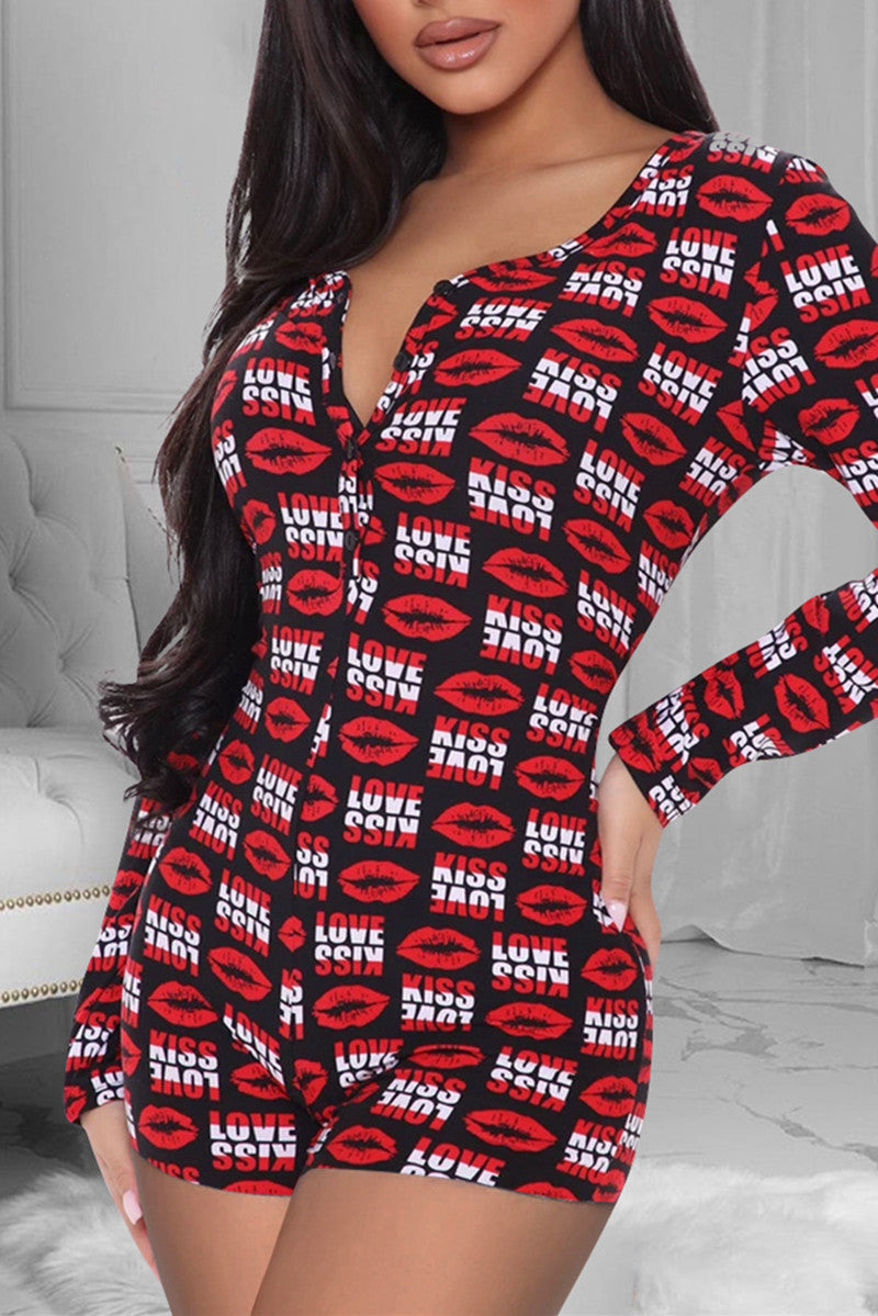 Lip print short sleeve V-neck jumpsuit（AY1641）