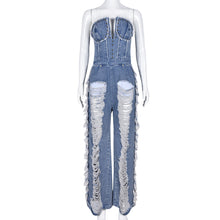 Load image into Gallery viewer, Tassel pierced hole nail drill washed denim jumpsuit AY2761

