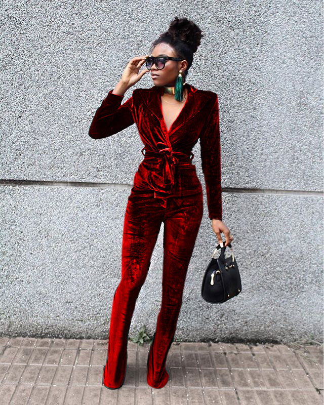 Solid color small suit flared pants suit（AY1390）