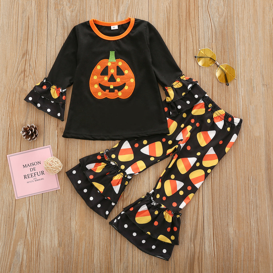 Halloween pumpkin girls long-sleeved trouser suit（AY1403）