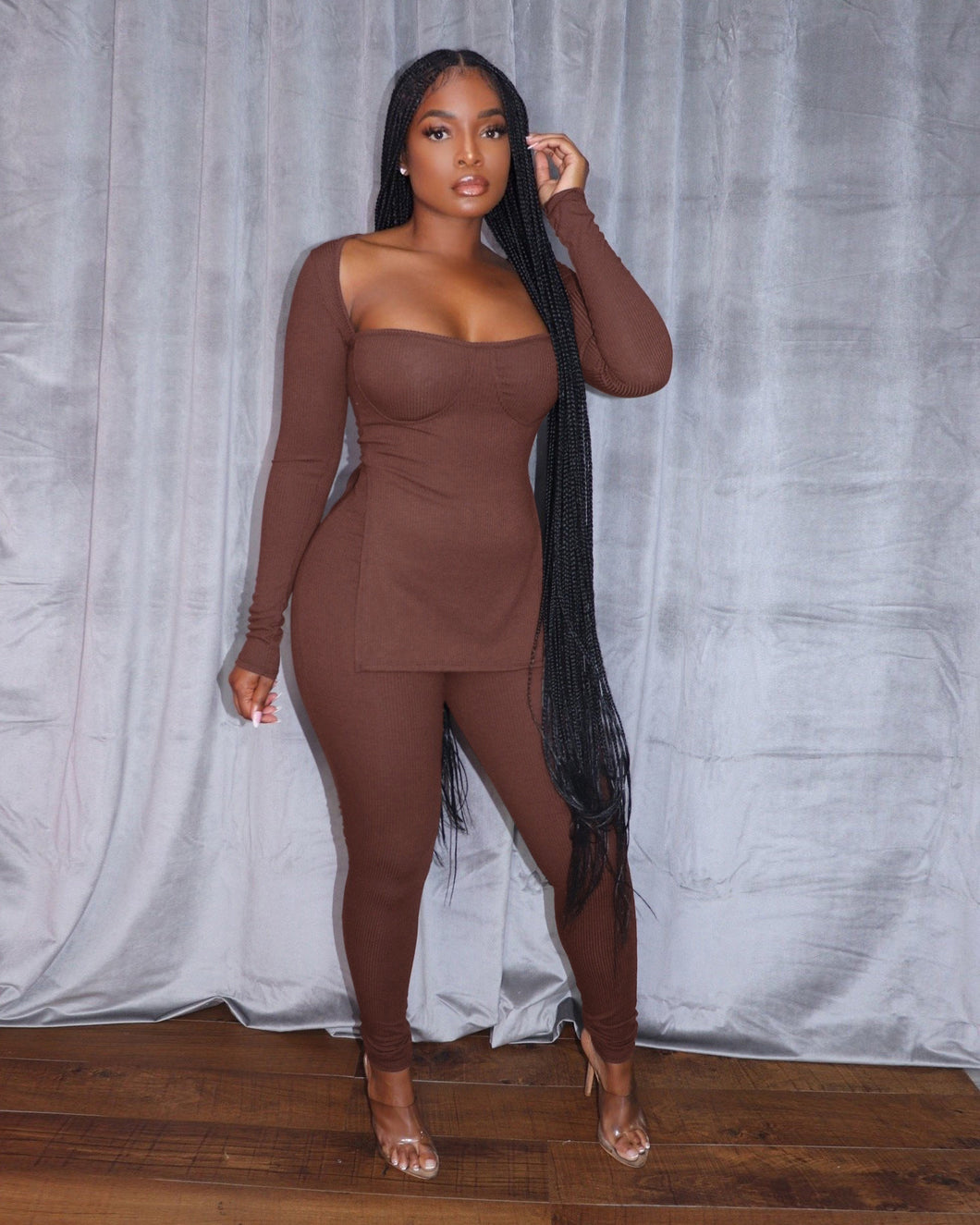 Fashion long-sleeved high-slit pit strip suit（AY1496）